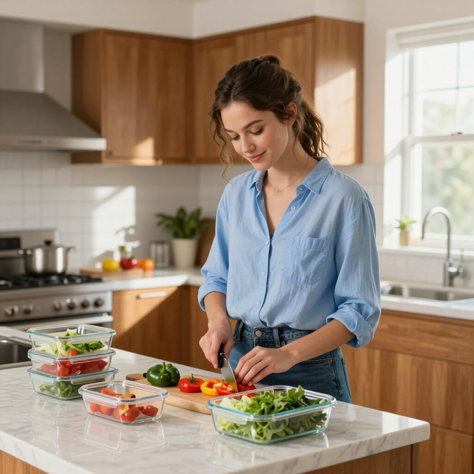 Mujer sonriendo mientras coloca recipientes para preparar comidas saludables con verduras sobre una mesa.