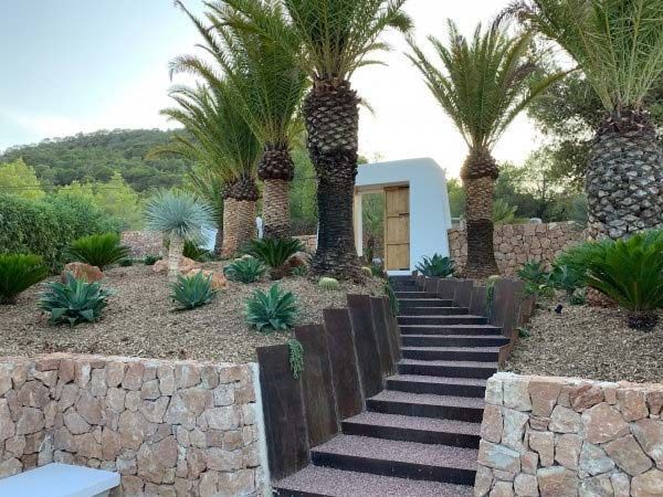 Unas escaleras de piedra conducen a una estructura blanca en medio de palmeras y un paisaje desértico.