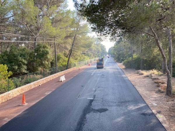 Camino en proceso de repavimentación, bordeado de árboles y con un muro bajo de piedra, conos de construcción a la vista.