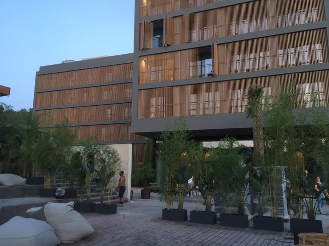 Edificio moderno con fachada de listones de madera. Plantas y zona de estar en la parte delantera.