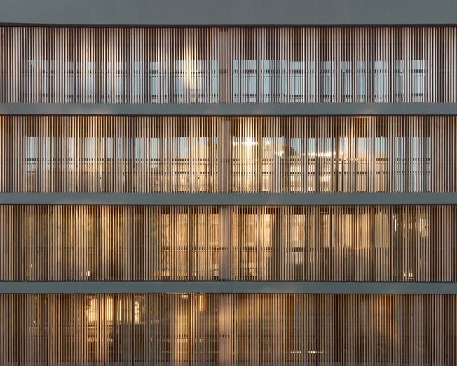 Primer plano de la fachada de un edificio con ventanas horizontales y lamas de madera verticales, bañada por la cálida luz del sol.