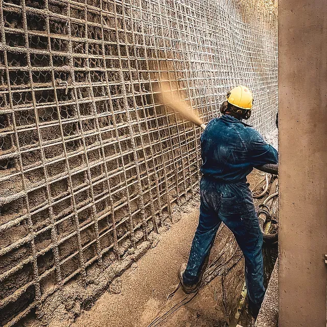 Obrero de la construcción pulveriza hormigón sobre una rejilla de varillas de refuerzo en una pared, vistiendo un casco amarillo y un mono azul.