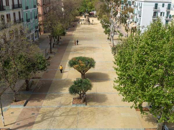 Amplia plaza peatonal con árboles y edificios, gente paseando.