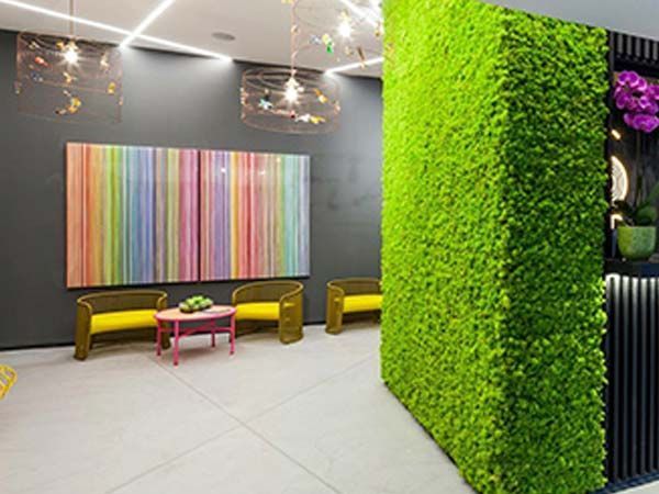 Vestíbulo moderno con una pared de musgo verde vibrante, obras de arte coloridas y asientos amarillos.