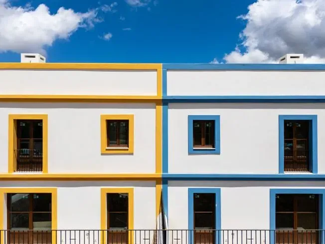 Edificio de dos pisos, mitad molduras amarillas, mitad molduras azules, paredes blancas, ventanas y cielo azul con nubes.