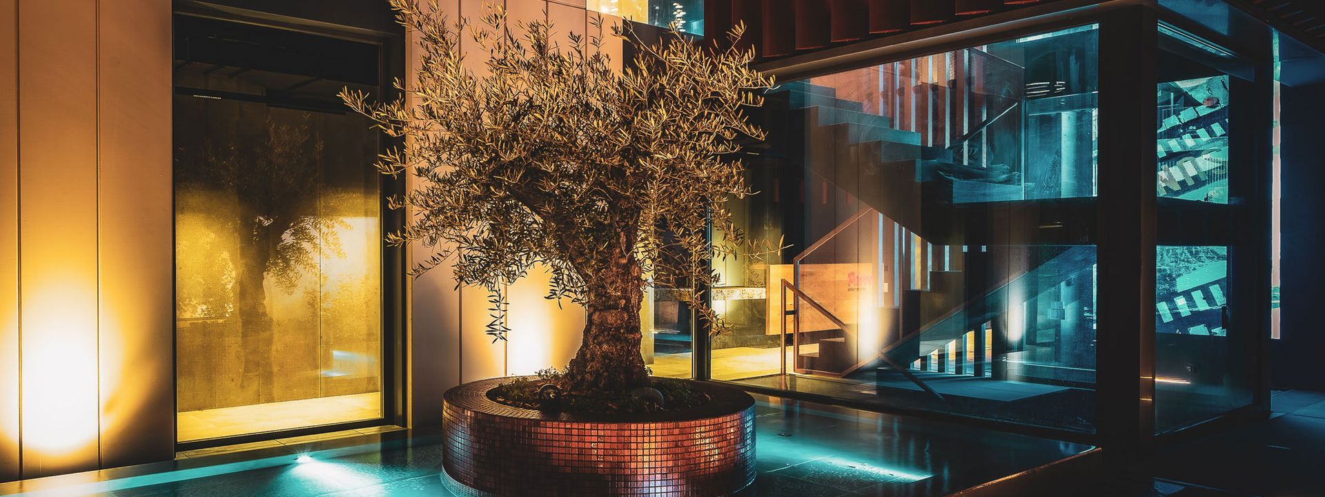 Interior con un gran árbol en maceta, fuente y arquitectura moderna. Iluminación cálida y fría.