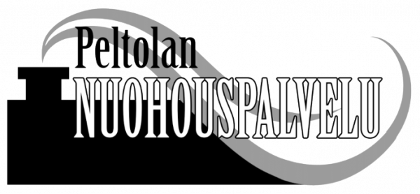 Peltolan Nuohouspalvelun logo mustana, valkoisena ja harmaana, kaarevilla muodoilla