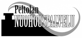 Peltolan Nuohouspalvelun logo mustana, valkoisena ja harmaana, kaarevilla muodoilla