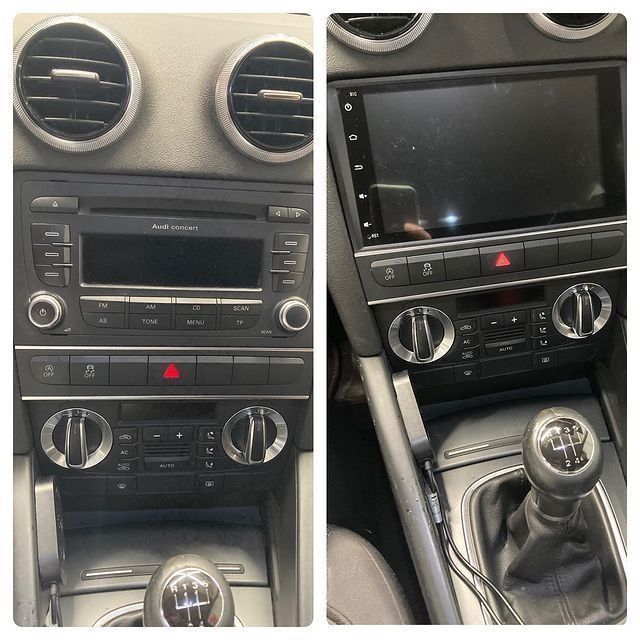 Una foto de antes y después del tablero de un automóvil.