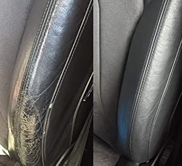Una fotografía de antes y después de un asiento de automóvil de cuero negro.