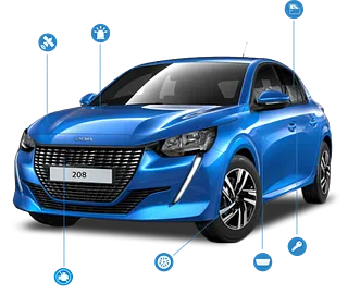 Un coche azul con varias piezas etiquetadas sobre un fondo blanco.