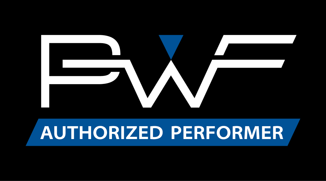 Un logotipo para el artista autorizado de pwf sobre un fondo negro.