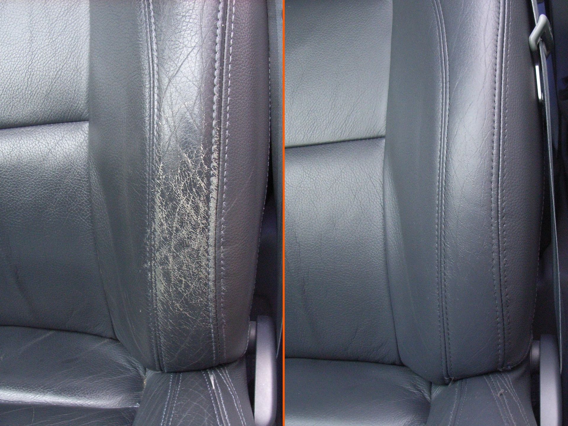 Una foto del antes y el después de un asiento de coche de cuero.