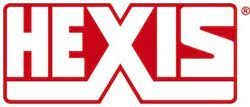Un logotipo rojo y blanco para hexis sobre un fondo blanco.