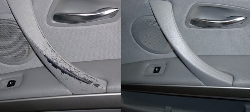Una foto de antes y después de la manija de la puerta de un automóvil.