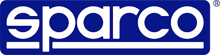 Un logotipo de Sparco azul y blanco sobre un fondo blanco.