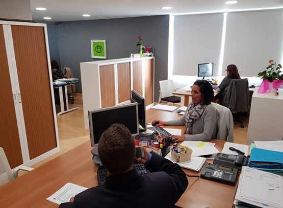 Un grupo de personas están sentadas en escritorios en una oficina trabajando con computadoras.