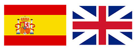 Una bandera española y una bandera británica están una al lado de la otra sobre un fondo blanco.