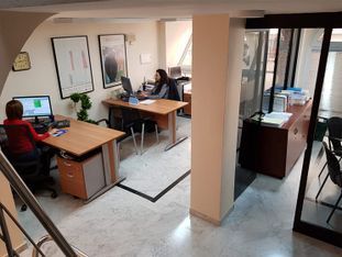 Una mujer está sentada en un escritorio en una oficina con una computadora.