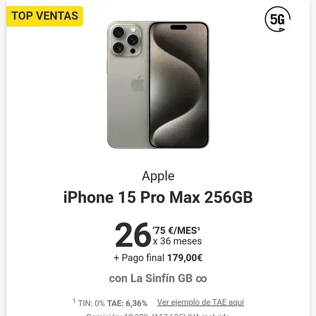 Un anuncio de un iPhone 15 Pro Max de Apple de 256 GB.
