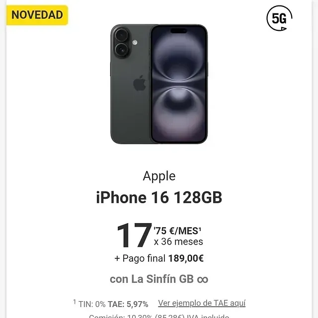 Un anuncio de un iPhone 16 de Apple de 128 GB.