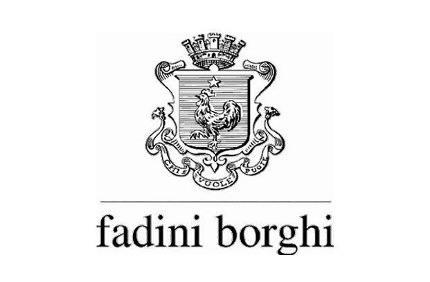 Logo von Fadini Borghi: ein schwarz-weißes Wappen mit einem Hahn über einer Schriftrolle, darunter der Markenname.