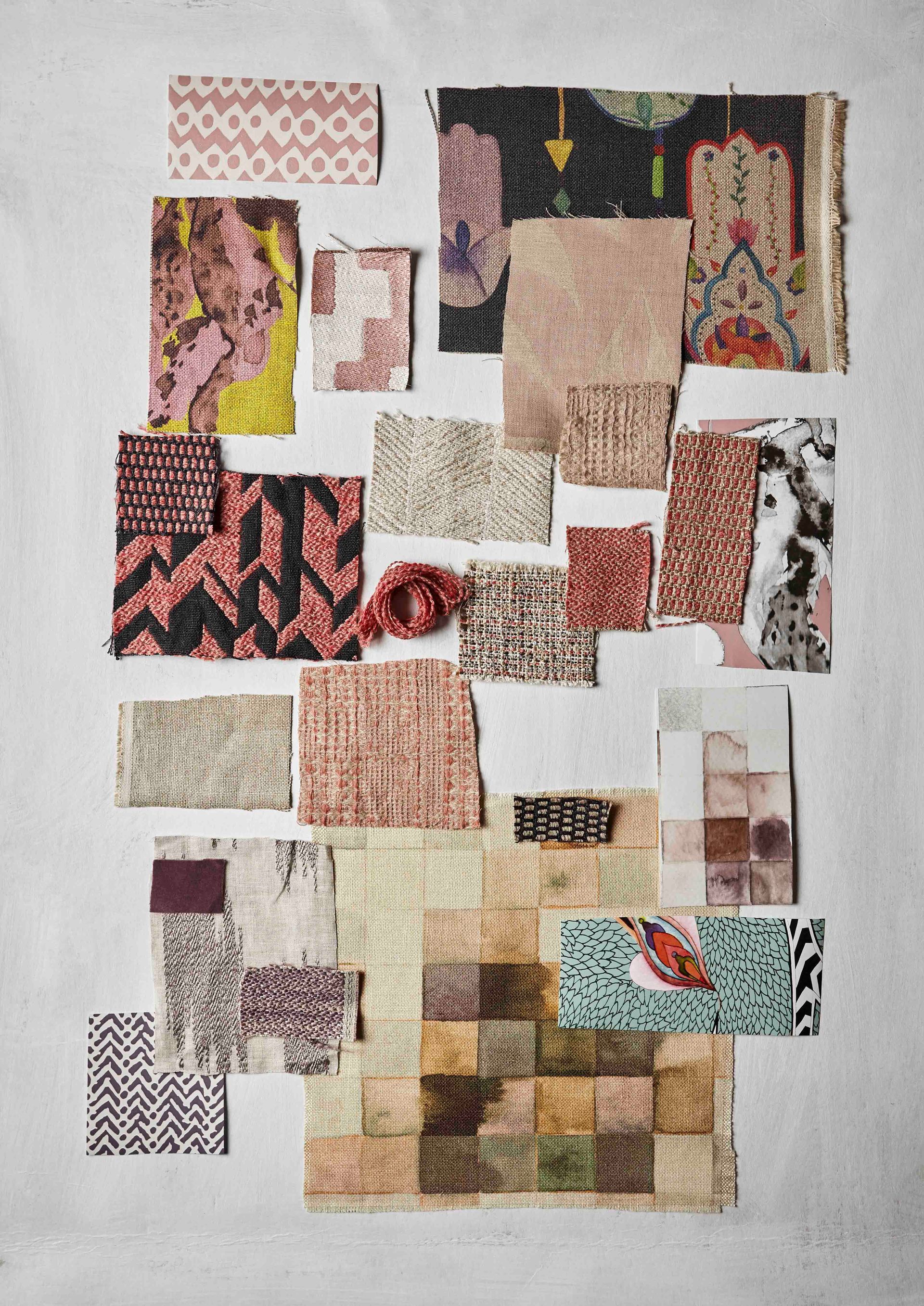 Ein Moodboard mit einer Collage aus verschiedenen strukturierten Stoffen, gemusterten Textilien und Farbmustern