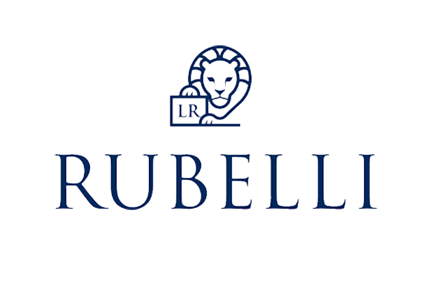 Das dunkelblaue Rubelli-Logo zeigt ein Löwensymbol über dem Firmennamen in einer Serifenschrift auf weißem Hintergrund.