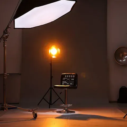 Una silla está en una habitación oscura con una luz y una claqueta.