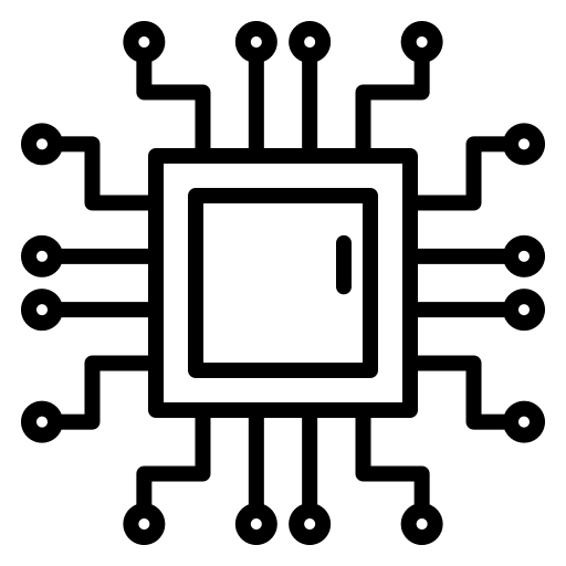 Es un icono en blanco y negro de un chip de computadora.