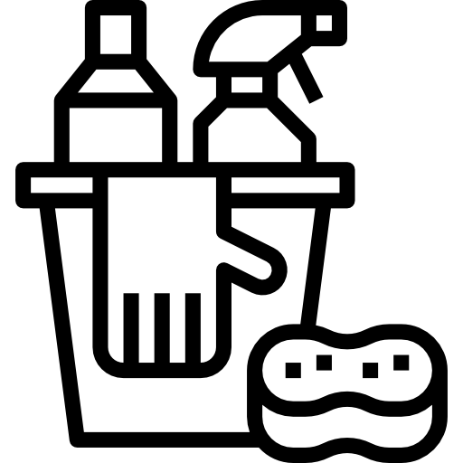 Un icono en blanco y negro de un balde lleno de productos de limpieza.
