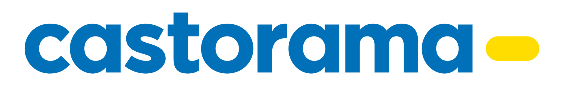 Logo Castorama en bleu avec un ovale horizontal jaune à la fin.