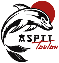 Un dauphin noir et blanc bondit devant un soleil rouge avec l'inscription « ASPTT Toulon ».