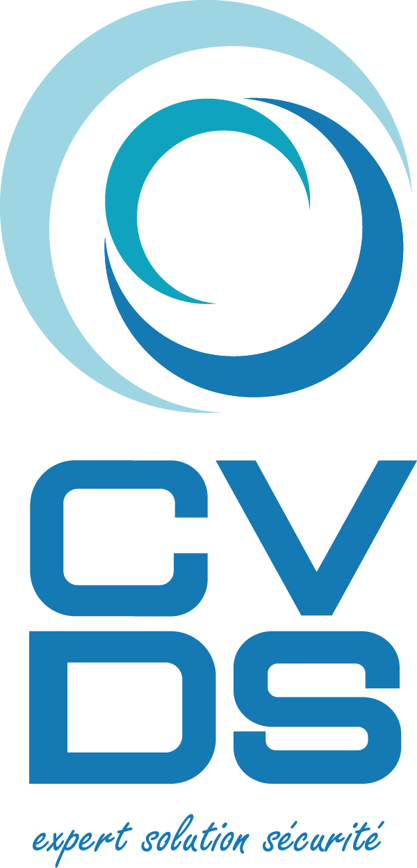 Logo de CVDS avec des cercles concentriques bleus et les lettres CVDS. Le texte indique « expert solution sécurité ».