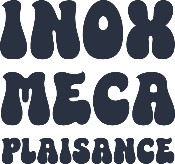 Texte bleu foncé : INOX MECA PLAISANCE, dans une police rétro arrondie.