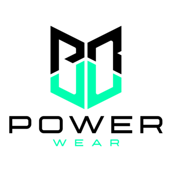 Logo de Power Wear, représentant un écusson stylisé avec des éléments noirs et turquoise. « POWER WEAR » figure en dessous.