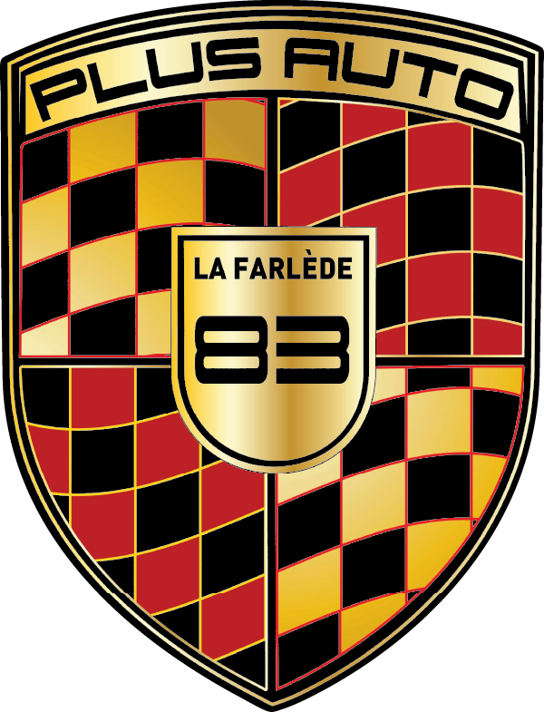 Logo pour Plus Auto, concessionnaire automobile à La Farlède (83), avec un motif à carreaux en or, noir et rouge.