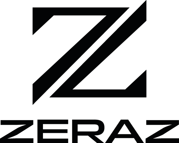 Logo noir : lettre Z stylisée avec le texte « ZERAZ » en dessous.