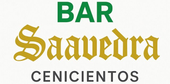 Logotipo de "Bar Saavedra Cenicientos" con la palabra "BAR" en verde, "Saavedra" en dorado y "CENICIENTOS" en gris oscuro.