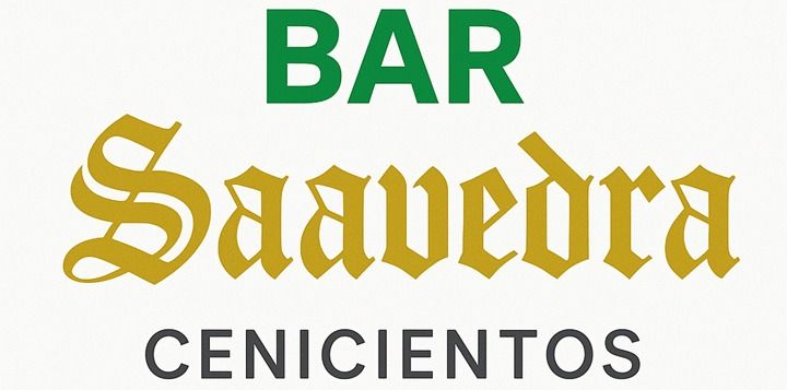 Logotipo para Bar Saavedra en color verde y dorado, con el pueblo "Cenicientos" debajo en negro.