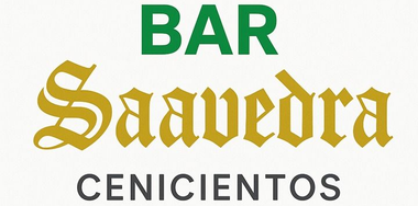 Logotipo de "Bar Saavedra Cenicientos" con la palabra "BAR" en verde, "Saavedra" en dorado y "CENICIENTOS" en gris oscuro.