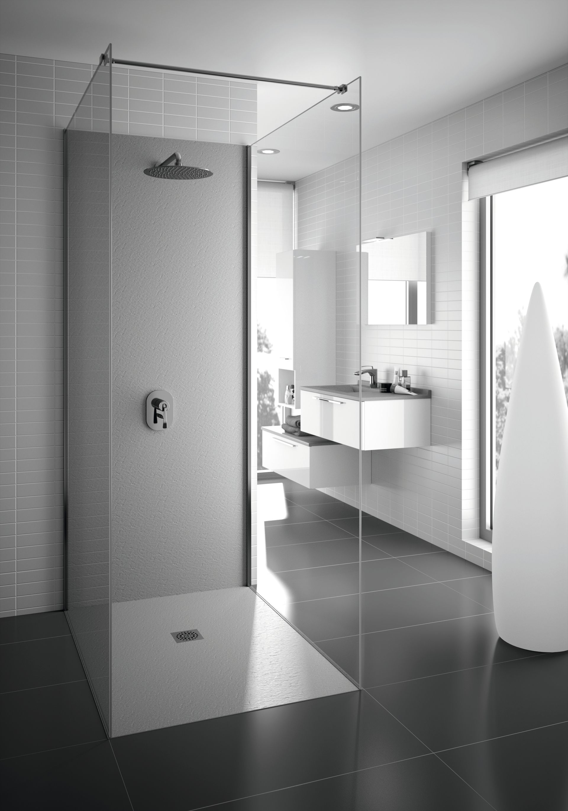 Douche moderne avec parois en verre, murs gris et carrelage noir au sol dans une salle de bains lumineuse.