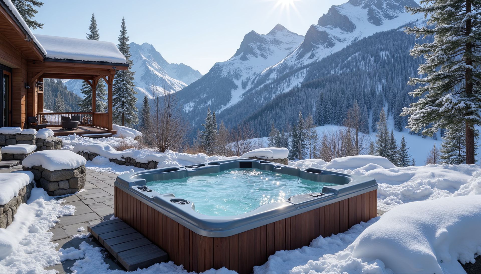 Jacuzzi sur une terrasse enneigée avec les montagnes en fond et un soleil éclatant.