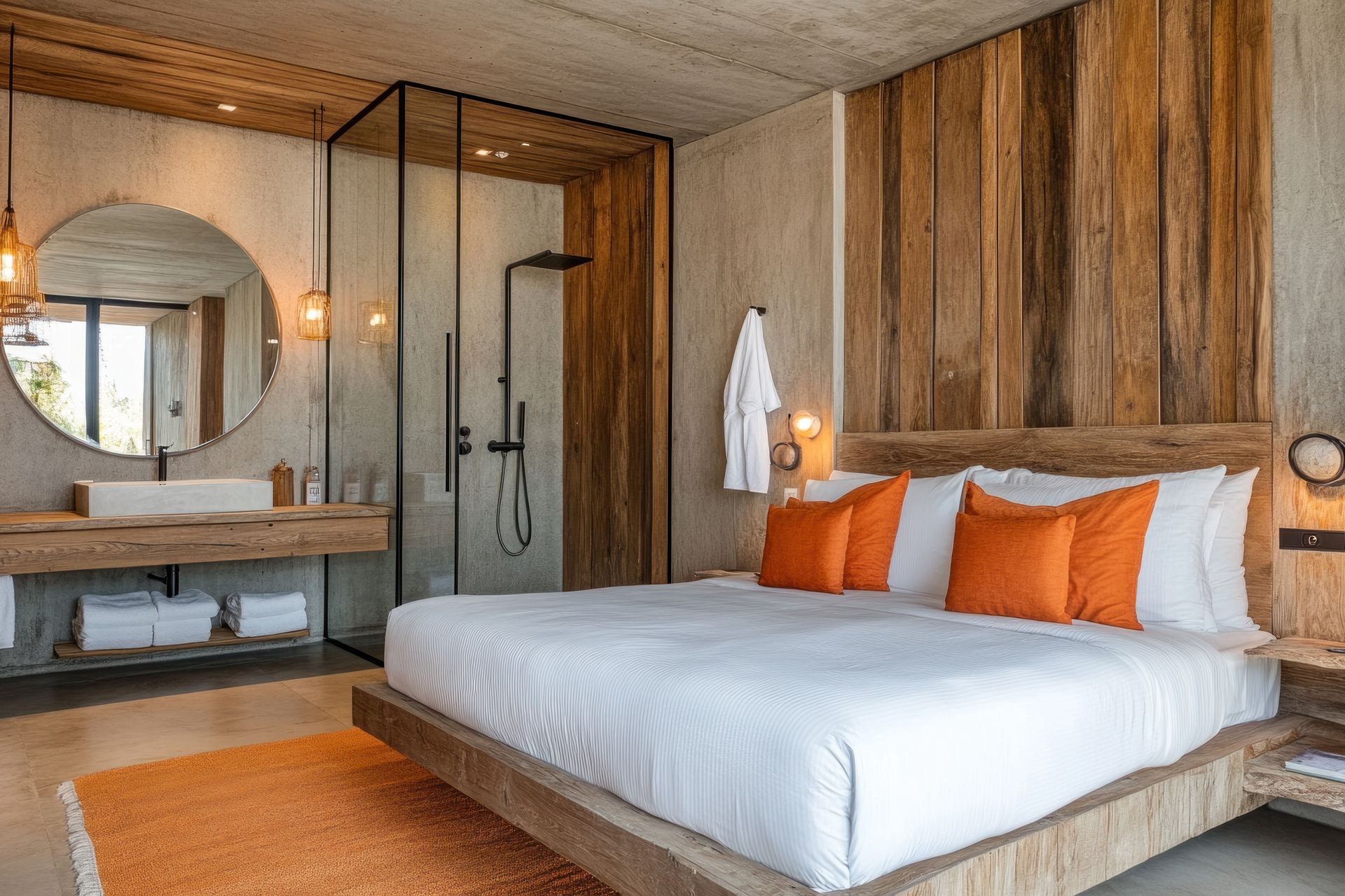 Chambre d'hôtel moderne avec des éléments en bois, un grand lit avec des oreillers orange, une douche en verre et un miroir rond.