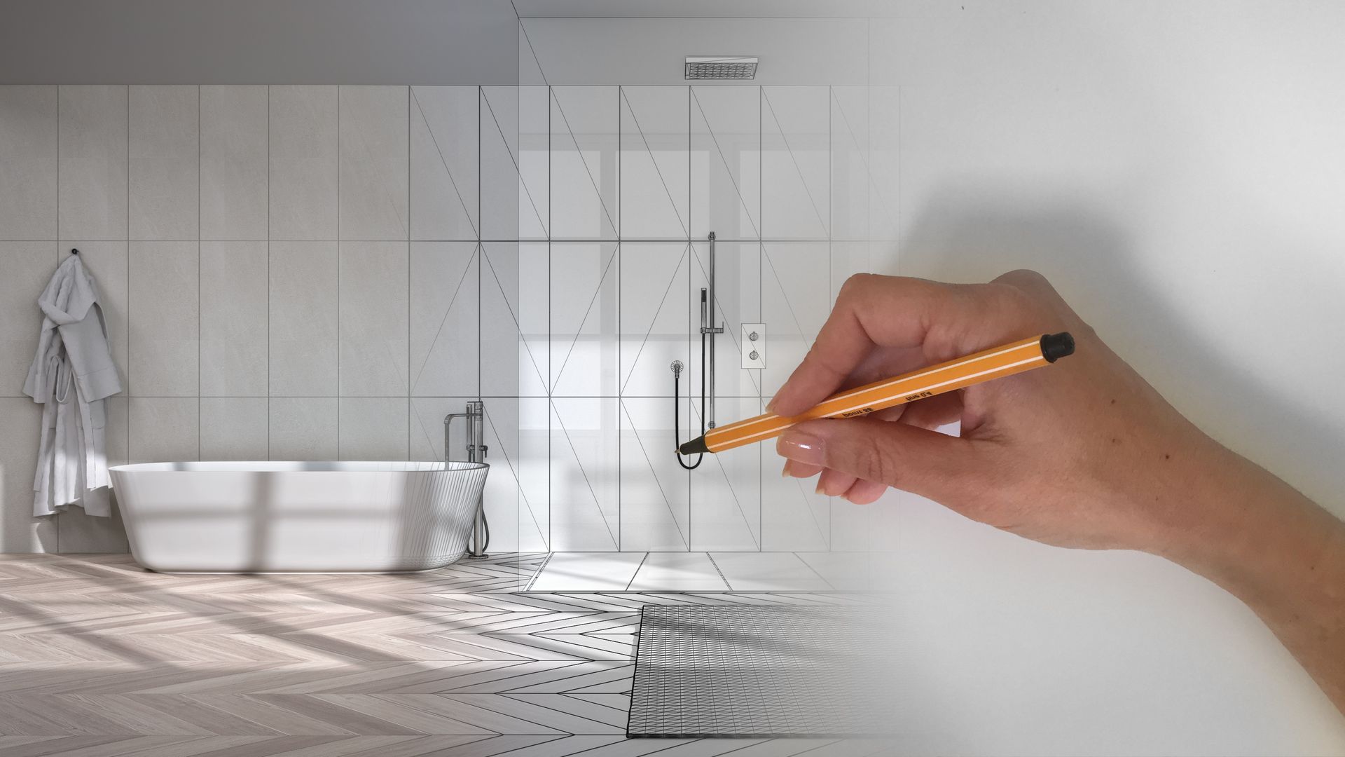 Dessin à la main par-dessus un rendu de salle de bains au stylo.
