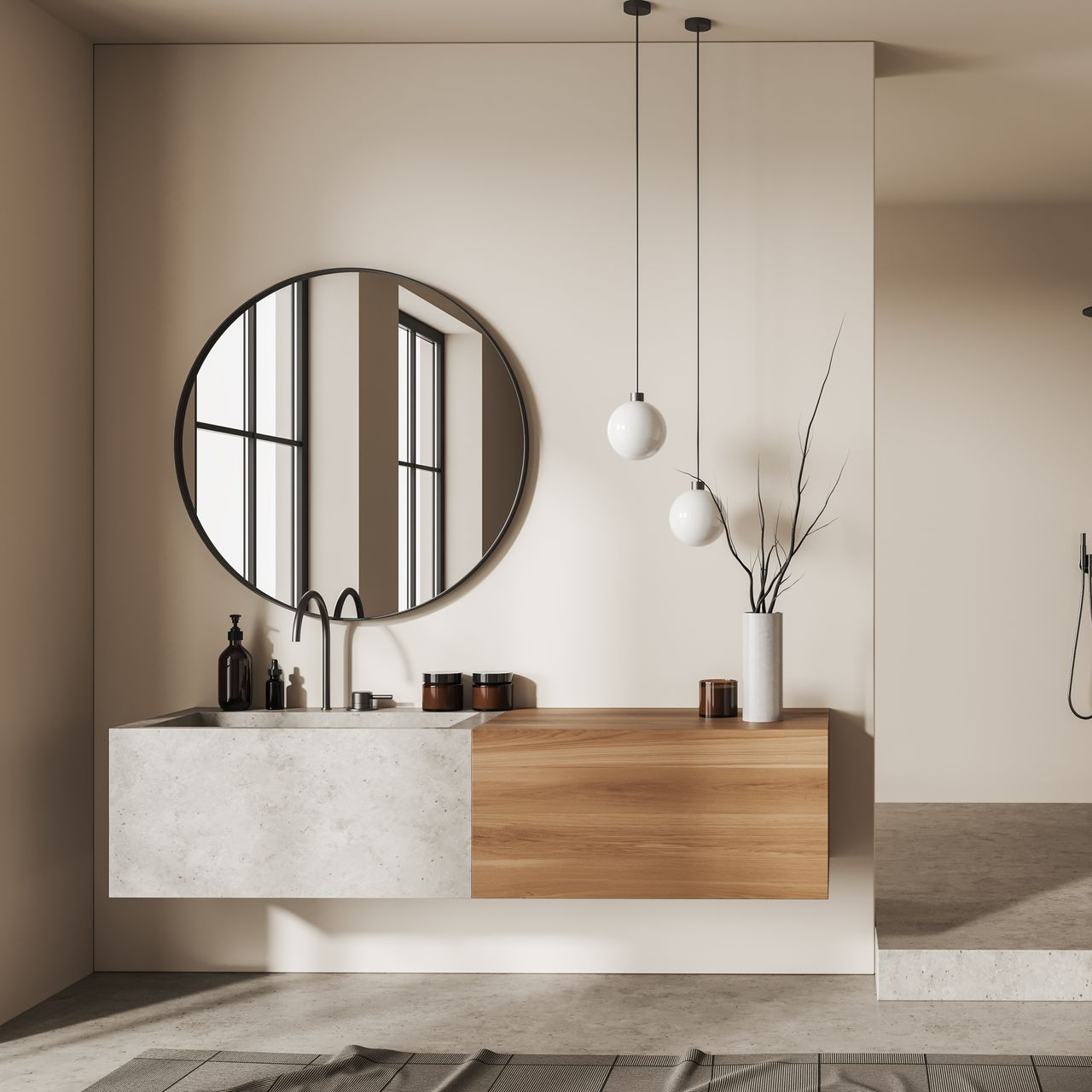 Salle de bains moderne avec meuble lavabo suspendu, miroir rond et suspensions lumineuses.