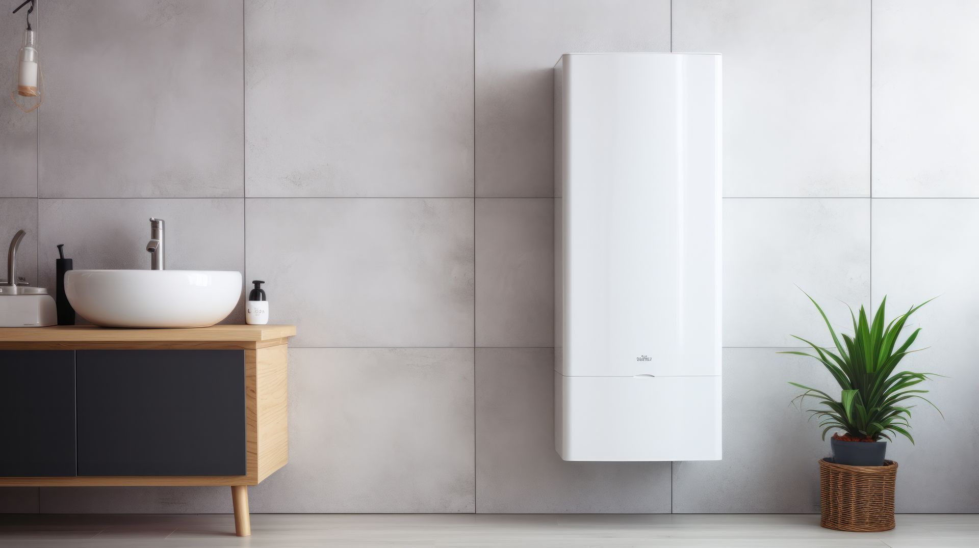 Salle de bains avec lavabo blanc, meuble en bois, chauffe-eau blanc de grande taille et plante en pot.