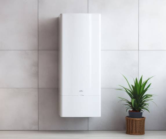Chauffe-eau blanc fixé au mur avec une plante à côté.