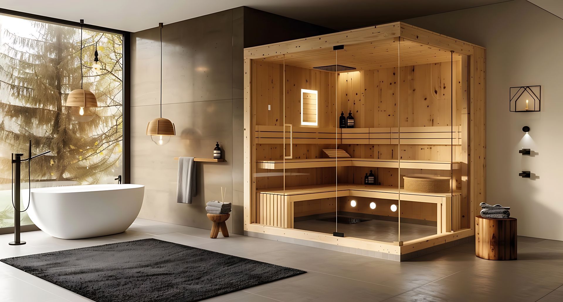 Salle de bains moderne avec sauna, baignoire et lumière naturelle.