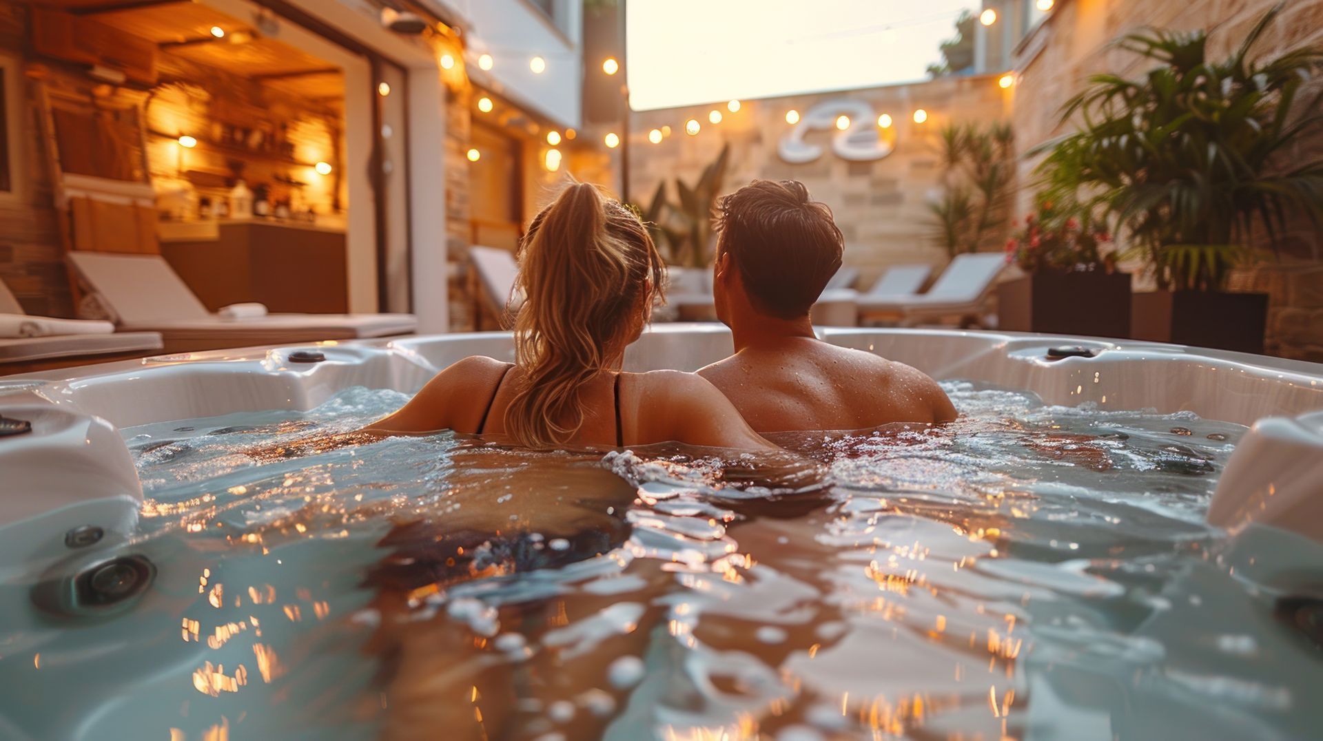 Un couple se détend dans un jacuzzi extérieur, entouré de guirlandes lumineuses et de verdure.